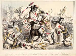 Fantastisk kamp mellom Richard Coeur de Lion og Saladin fra The Comic History of England, pub. 1864 (håndfarget etsning)
