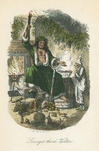 The Ghost of Christmas Present vises for Scrooge. Illustrasjon av John Leech (1817-64) for Charles Dickens A Christmas Carol, London 1843-1834.
