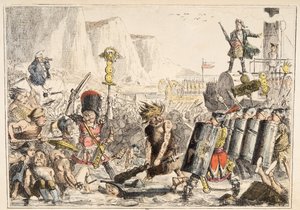 The Landing of Julius Caesar fra The Comic History of England, pub. 1864 (håndfarget etsning) av John Leech