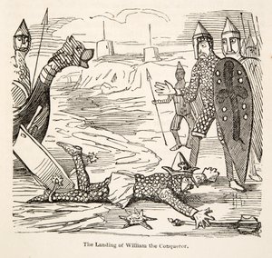 The Landing of William the Conqueror, fra The Comic History of England, pub. 1864 (tresnitt) av John Leech
