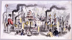 Utsikt over Hyde Park som satiriserer fremkomsten av damplokomotivet, London, c1850 av John Leech
