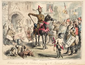 Vilhelm Erobreren inspiserer de frivillige før invasjonen av England, fra The Comic History of England, pub. 1864 (håndfarget etsning)