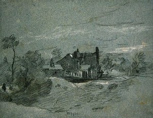 En hytte i et skogslandskap (hvitt og svart kritt, på blått papir) av John Linnell