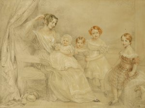 Portrett av fru W.S. Fry og hennes fire barn: Emma, Willy, Julie og Georgina, sittende i et interiør, 1840 av John Linnell