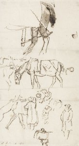 Studier av hester, menn og vogner, 1811 (penn og brunt blekk på papir) av John Linnell