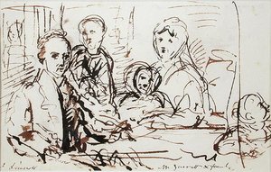 William Albin Garratt og familie, ca. 1830 (penn og blekk på papir) av John Linnell