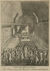 En utsikt over House of Peers med kongen sittende på tronen, underhuset tilstede ham av John Lodge