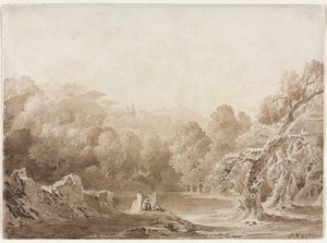 En mann som spiller på en harpe med andre figurer ved siden av en innsjø, 1820. av John Martin