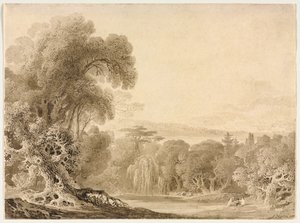 Figurer som sitter ved en innsjø i et skogslandskap av John Martin