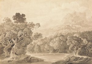 Skogkledde elvebredder, Hill Town og fjelltopper i avstand av John Martin