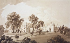 Utsikt over gårdshuset med skjerm til staller og gårdsbygninger til Sezincote House, gravert av Frederick Christian Lewis Snr. (1779–1856), ca. 1817–18 (sepiaakvatint) av John Martin