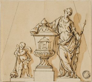 Design for et begravelsesmonument med skjebne, putto og urne