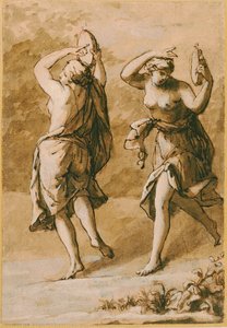 Two Maenads, A Study (brun vask med hvite høylys og brunt blekk på papir)