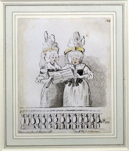 En duett av frøken Harriett og frøken Theodosia Abrams, Harrisons konsert, Hanover Square, 1788 (blekk og vask) av John Nixon
