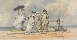 I Brighton, 1804: Tre kvinner, barn og mann ser ut mot havet
