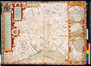 Legge til. 31853, ff.23-24, Southampton, Hampshire: Beskrivelse av, av J. Norden, med kart: 1595 (farget gravering) av John Norden