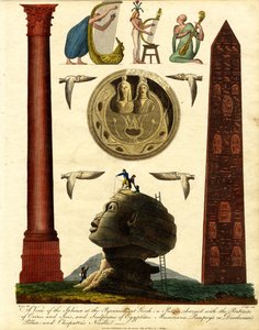 Et utsyn over sfinksen ved pyramidene i Giza: en patera fylt med portretter av Osiris og Isis; og skulpturer av egyptiske musikere; Pompeius#39; eller Dioklesians søyle; og Kleopatras nål av John Pass