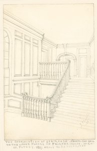 Fortsettelsen av trappen, fra hallen til de øvre etasjene, til Fairfax House, High Street, Putney, 1887