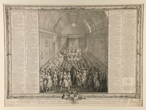 En utsikt over House of Peers, kongen som sitter på sin trone, allmenningen som deltar på ham på slutten av sesjonen 1741/2 av John Pine