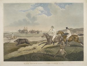 Hog Hunting: The Tired Pig, gravert av S.W. Fores (1785-1825) ca. 1840 (håndfarget akvatint) av John Platt