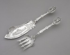 Fiskegaffel og kniv, ca. 1862–1870 (sølv) av John R. Wendt