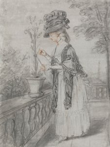 Dame på en terrasse som passer på en nellikplante av John Raphael Smith