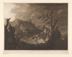Stormfullt landskap med bard på kanten av en klippe av John Raphael Smith