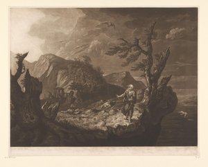 Stormfullt landskap med bard på kanten av en klippe av John Raphael Smith