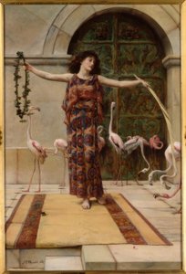 J.R.Waguelin, Kvinne med større flamingoer / maleri, 1885