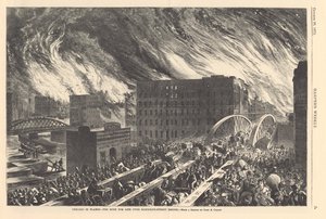 Chicago i flammer - rush for livet over Randolph Street Bridge, illustrasjon fra Harpers Weekly, 1871 av John Reuben after Chapin