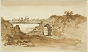 Midlertidig bro på Coronation Road overfor New Gaol, ca. 1821 (blyant- og sepiavask på papir)