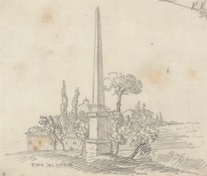 En obelisk med tak og trær i det fjerne av John Robert Cozens
