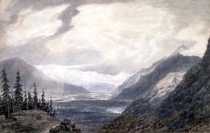 PD.6-1965 Pays de Valais, nær Genfersjøen, ca. 1776 (indisk blekk, blyant og vask på papir) av John Robert Cozens