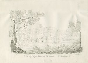 Stafford Castle - East View: penn- og sepia-tegning av John Robert Fernyhough
