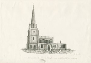 Uttoxeter kirke [gammel]: penn- og blekktegning, 1836 av John Robert Fernyhough