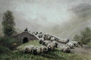Highland Bridge med hyrde og flokk (akvarell på papir) av John Robert Keitley Duff