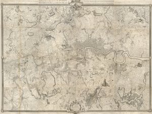 Et kart over london fra 1700-tallet. En eksakt undersøkelse av byene London, Westminster ye Borough of Southwark og landet nær ti miles rundt begynte i 1741 og ble avsluttet i 1745 / av John Rocque landmåler og (gravert) av Richard Parr. av John Rocque