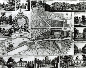 Plan over hagen og utsikt over husene i Chiswick på Themsen av John Rocque