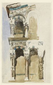 En del av fasaden til den ødelagte kirken San Michele i Foro, Lucca, skissert i farger, 30. juni - 1. juli 1846 (akvarell over grafitt på vevd papir) av John Ruskin