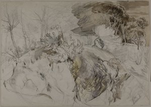 Busker og trær i steinete landskap av John Ruskin