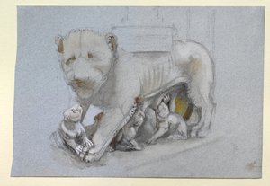Skisse av løvinne og unger fra Nicola Pisanos Siena Preikestol, juni 1870 (akvarell og kroppsfarge over grafitt på blågrått vevd papir) av John Ruskin