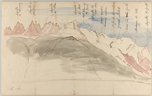 Mont Blanc-massivet sett fra nær Chamonix (forside); Skisser av Mont Blanc-massivet fra Tapia over Chamonix, sett fra Genève og sett fra Dôle (bakside) av John Ruskin