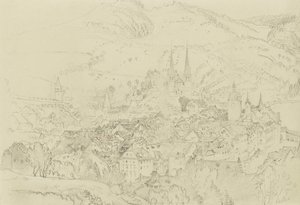 Utsikt over Luzern ovenfra, oktober-desember 1861 (grafitt med innslag av penn og blekk på blekgrå vevd papir) av John Ruskin