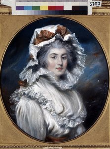 Portrett av en ung kvinne med en caps (Portrett av en jente i en caps). Tegning av John Russell (1745-1806). Pastell på papir, andre halvdel av 1700-tallet. Engelsk kunst fra 1700-tallet. Eremitasjemuseet, St. Petersburg. av John Russel