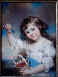 Portrett av en liten jente i kurven med kirsebær, maleri av John Russel (1745-1806) 1800-tallet