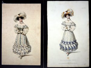 Skisse og trykk av en moteplate, ca. 1829 (blyant og akvarell på papir og håndkolorert gravering)