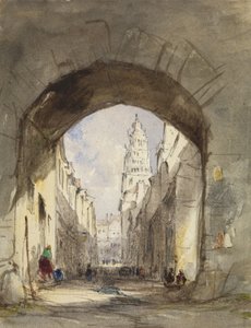 Gatescene i Calais (wc med utskraping over grafitt på papir)