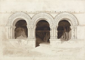 Buer på vestsiden av Cloister of St. Georges de Boscherville, nær Rouen, Normandie, ca. 1818 (grafitt, brun vask og penn og blekk på papir på kort) (se 172543) av John Sell Cotman