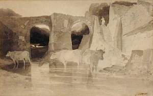 Bro og kyr (penn og blekk og vask på papir) av John Sell Cotman