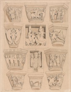Kapitaler og A & B Bas-relieffer i Abbey Church of Saint Georges de Bocherville, nær Rouen, Normandie av John Sell Cotman